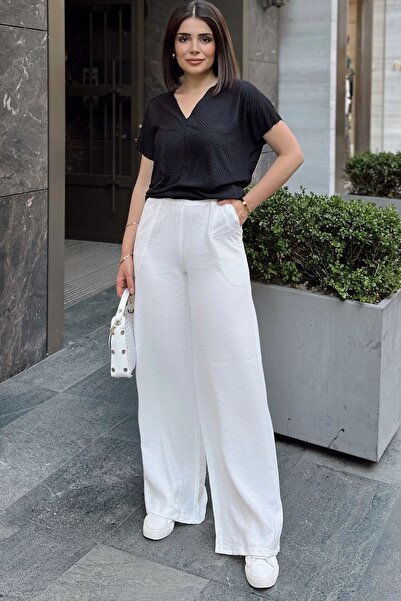 Juuuj White Spanish Wide Leg, Elastic Waist, Linen/Airobin Fabric, Loose, Poc...