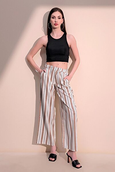 Juuuj Γυναικείο καφέ κάθετο ριγέ ελαστικό λινό παντελόνι μέσης με τσέπες - Κατάλληλο για χιτζάμπ