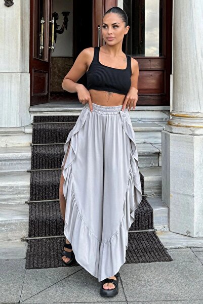 Juuuj Γκρι μποέμικο στυλ, ψηλόμεσο, βαθύ σκίσιμο στο πλάι, ασύμμετρη κοπή με ...