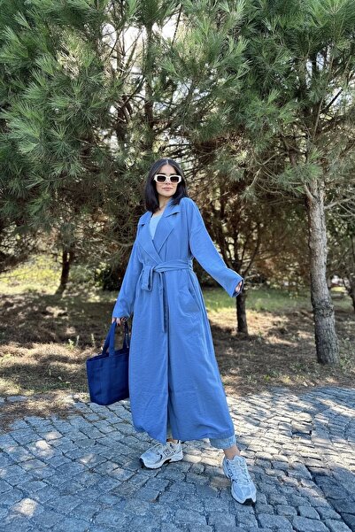 Juuuj Жіночий синій кардиган з коміром-краваткою, поясом, кишенями, вільним кроєм і довгим покроєм