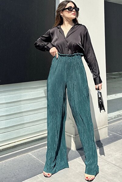 Juuuj Γυναικείο σμαραγδένιο πράσινο ελαστικό στη μέση, ψηλή μέση, χαλαρή εφαρ...