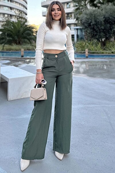 Juuuj Kadın Haki Yüksek Bel, Cepli, Bol Paça Pantolon