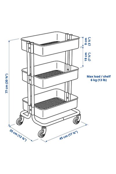 IKEA servis arabası, siyah, 35x45x77 cm, kapaklı