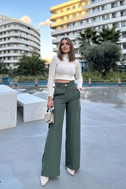 Juuuj Kadın Haki Yüksek Bel, Cepli, Bol Paça Pantolon