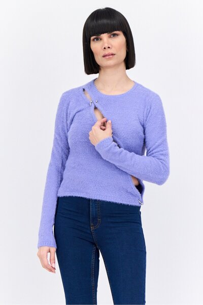 Asos Design Women Crew Neck Faux Fur Sweater, Lilac
