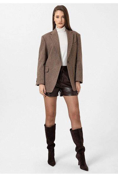 Antioch Brown Women's Relax Fit Herringbone Patterned Blazer Jacket