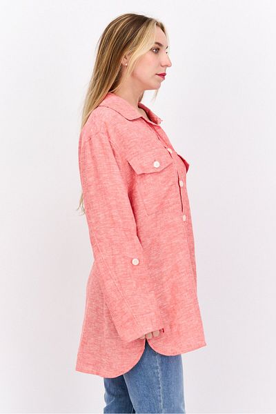 Jones of New York Women Spread Collar Long Sleeve Textured Top, Light Red