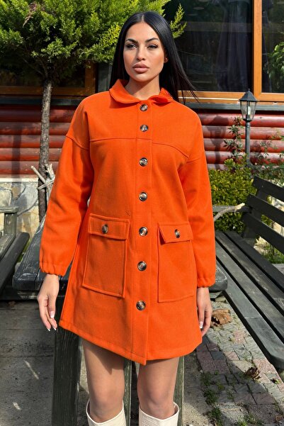 Juuuj Orange Button Detailed Flap Pocket, Midi Fleece Stamp Jacket