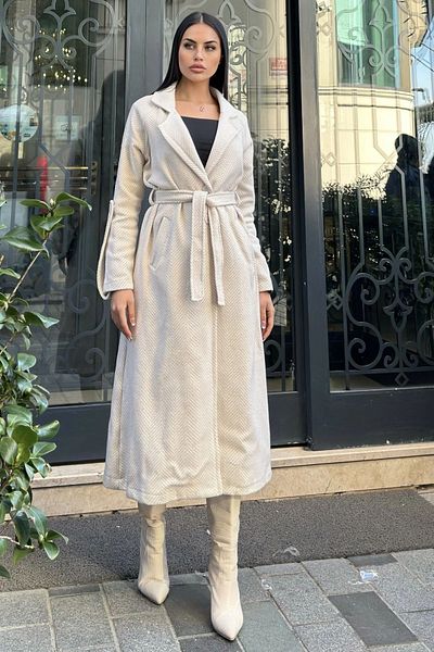 NEW LAVİVA Двуредна яка с екрю, двойни джобове, колан на талията, дълго кашмирено палто с рибена кост (без подплата)