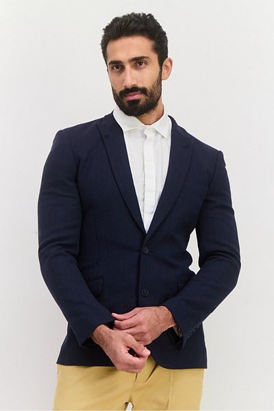 Asos Design Men Regular Fit Textured Semi-formal Blazer, Navy Blue