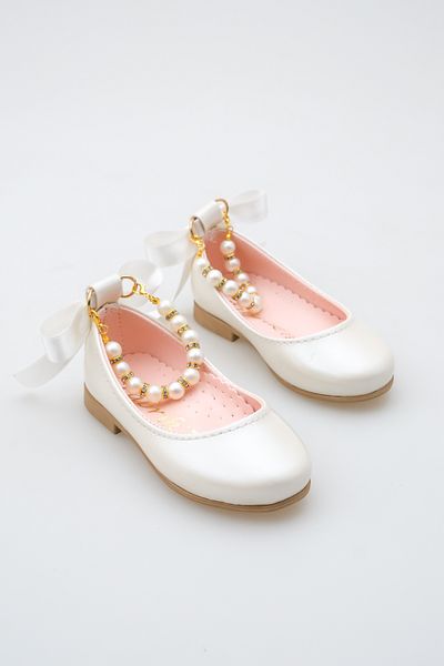 KATEYLER Shiny Mother of Pearl Ankle Pearl Detailed Bow Ribbon Girls' Ballerinas