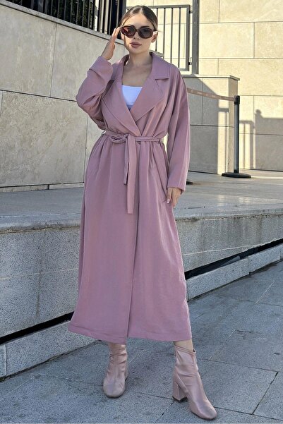 Juuuj معطف نسائي وردي بياقة مزدوجة الصدر، حزام، جيوب، قصة فضفاضة طويلة