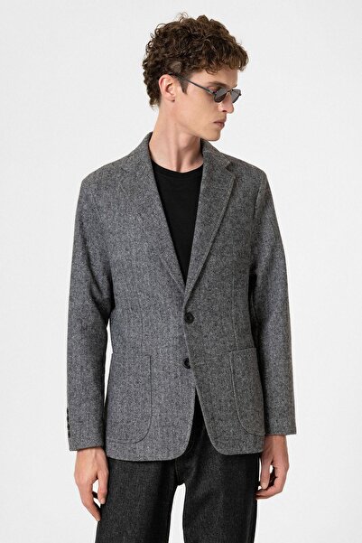 Antioch Siyah Slim Fit Balıksırtı Desenli Erkek Blazer Ceket