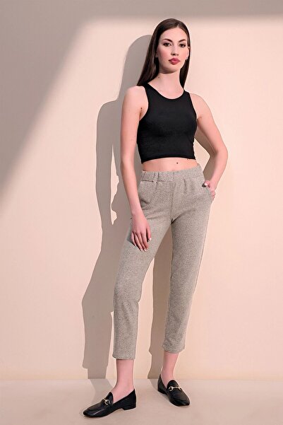 Juuuj Γυναικείο μπεζ ελαστικό στη μέση με μαλακή υφή casual παντελόνι με τσέπες - ίσια κοπή και φορέστε