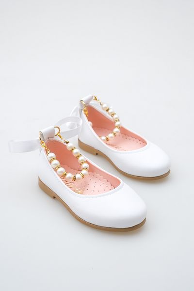 KATEYLER Shiny White Ankle Pearl Detailed Girls' Ballerinas with Bow Ribbon
