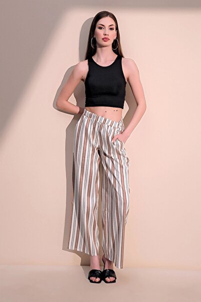 Juuuj Γυναικείο καφέ κάθετο ριγέ ελαστικό λινό παντελόνι μέσης με τσέπες - Κατάλληλο για χιτζάμπ