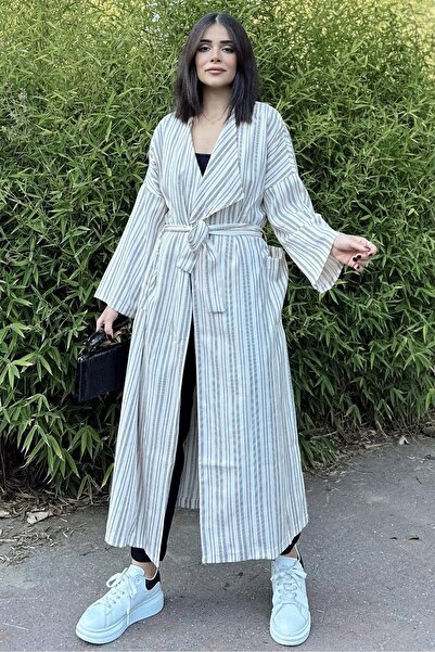 Juuuj Жіночий хакі та екрю смугастий круазе комір, з поясом, вільний крій, з ...