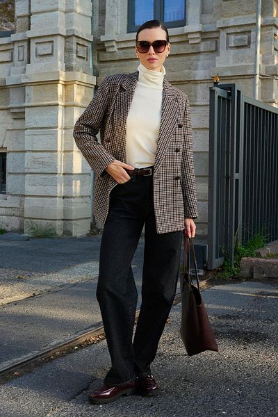Antioch Brown Women's Houndstooth Patterned Blazer Jacket