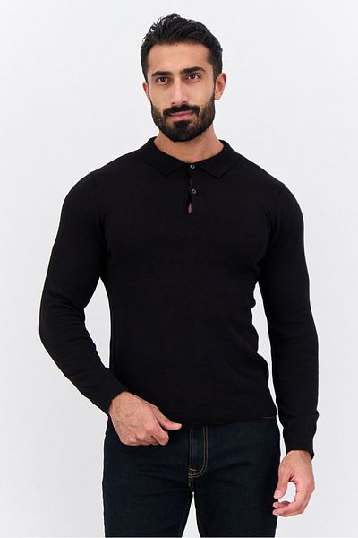 French Connection Men Regular Fit Solid Long Sleeves Polo Shirts, Black