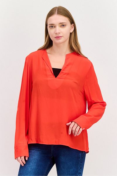 Tommy Hilfiger Women V-neck Long Sleeves Plain Blouse, Red
