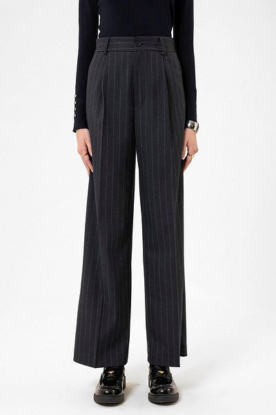 Antioch Navy Blue Women's High Waist Pleated Striped Pants