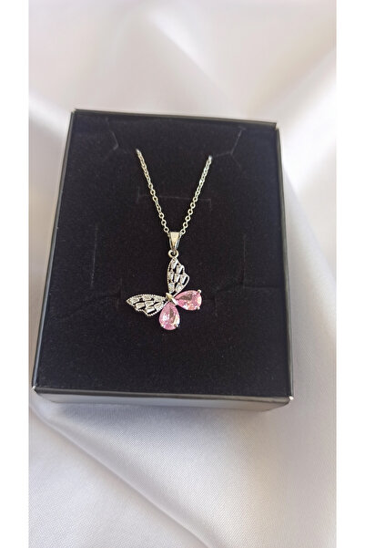 Tilde قلادة على شكل فراشة من الفولاذ باللون الوردي - قلادة هدية نسائية مقاومة للتشويه