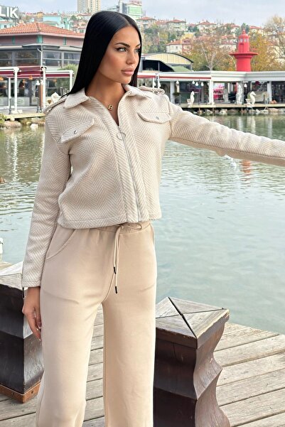 Juuuj Jachetă scurtă cu imprimeu din picior de gală ecru, cu fermoar