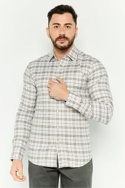 Michael Kors Men Slim Fit Plaid Long Sleeves Casual Shirt, Light Olive