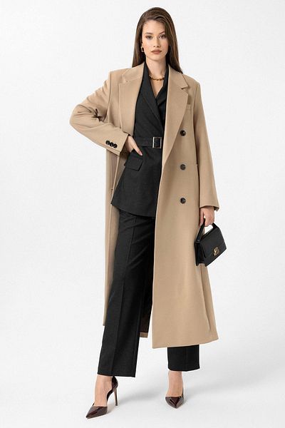 Antioch Beige Women's Belted Double Breasted Coat