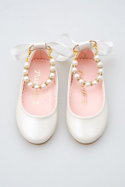 KATEYLER Shiny Mother of Pearl Ankle Pearl Detailed Bow Ribbon Girls' Ballerinas