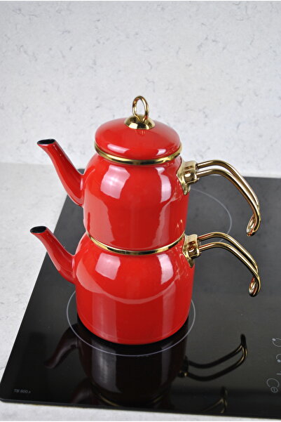 Porselen Diyarı Kırmızı Retro Emaye Vintage Çaydanlık Demlik