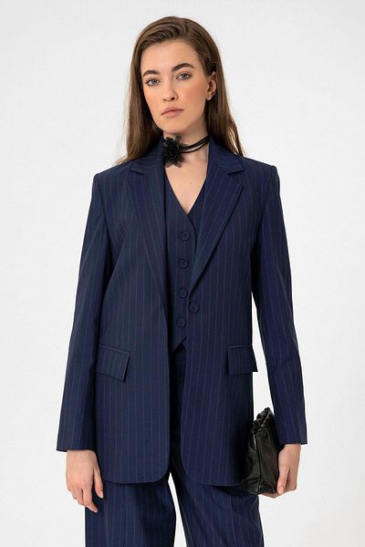 Antioch Navy Blue Women's Single Button Striped Blazer Jacket