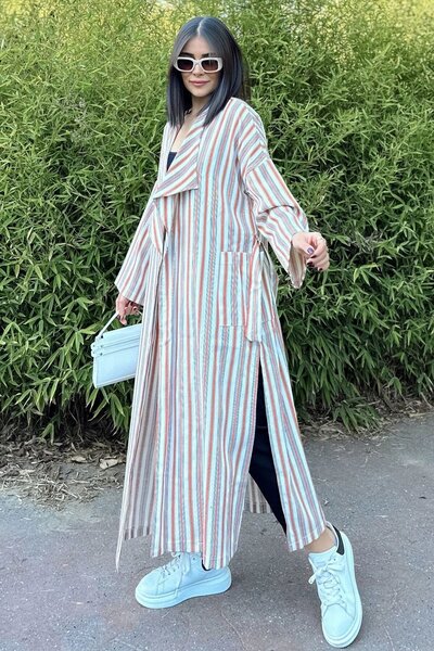 Juuuj Women's Brick & Ecru Striped Double Breasted Collar, Belt, Loose Cut, S...