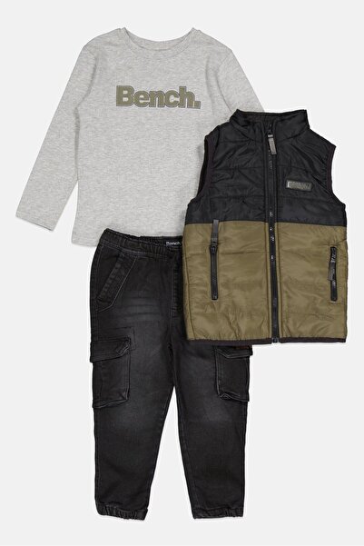 BENCH Kids Boy 3 Piece Brand Logo Puffer Vest And Bottom Set, Olive