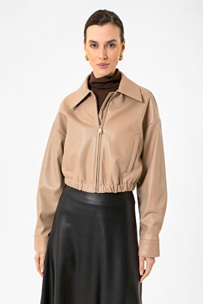 Antioch Beige Crop Faux Leather Women's Jacket