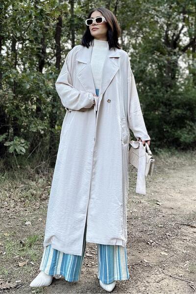 Juuuj Women's Beige Double Breasted Collar, Belt, Pocket, Loose Cut Long Trench Coat