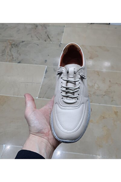 VEFAZEN Women's Indoor-Outdoor Genuine Leather Orthopedic Smart Rubber Laceed Cream Beige Walking Shoes