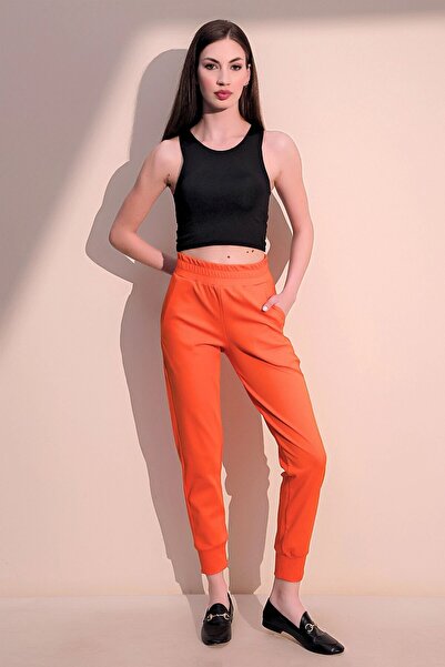 NEW LAVİVA Women's Orange Comfortable Textured Fabric Pocket Elastic Waist Leg Jogger Sports Trousers