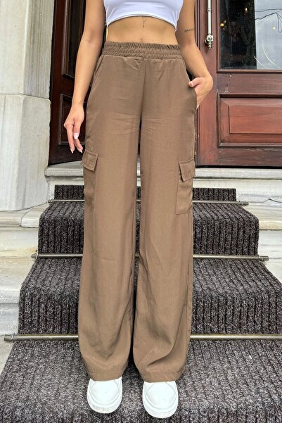 Juuuj Kadın Kahve Beli Lastikli, Kargo Cepli, Bol Paça Kupra Kumaş Palazzo Pantolon - Tesettüre Uygun
