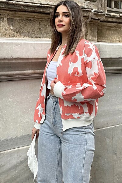 Juuuj Țesătură gabardină cu modele de corali pentru femei, potrivire confortabilă, buzunar cu clapă, jachetă bomber