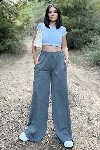 NEW LAVİVA Anthracite Elastic High Waist, Pockets, Wide Leg, Loose Pants