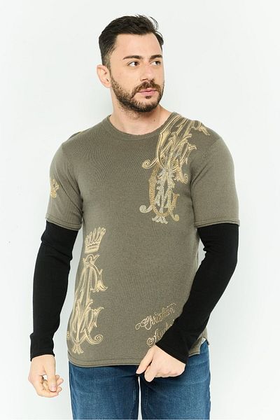 Christian Audigier Men Embellished Knitted Long Sleeves Sweater, Grey