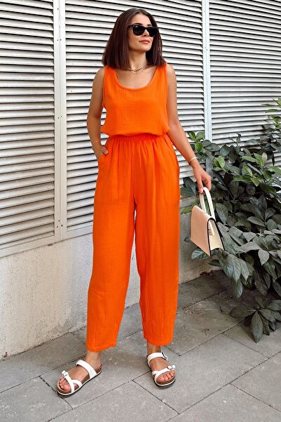 Juuuj Orange Imported Muslin Fabric, Elastic Waist, Comfortable Fit Pants wit...