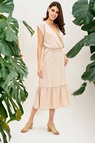 Juuuj Γυναικείο μπεζ διπλό ψάθινο λεπτομερές κοντό μανίκι κανονικής κοπής μάξ...