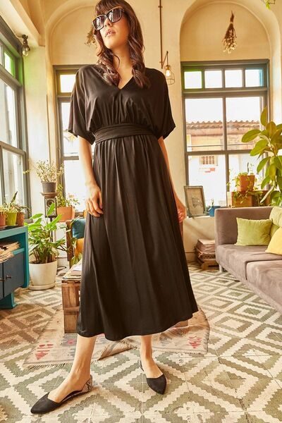 Juuuj Γυναικεία μαύρη υπερμεγέθη κομμένη κοντομάνικη ζώνη με λεπτομέρεια μάξι, μακρύ άνετο και casual φόρεμα