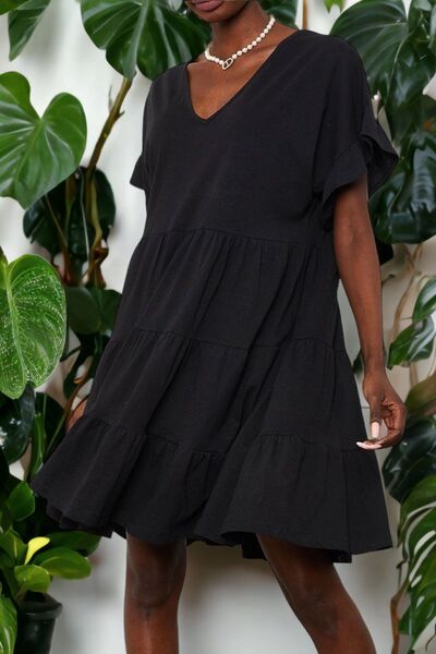 Juuuj Γυναικείο μαύρο φόρεμα με λαιμόκοψη V με μισό μανίκι Κριμαίας Λεπτομερές ποιοτικό ύφασμα σε γραμμή Α Midi φόρεμα πάνω από το γόνατο