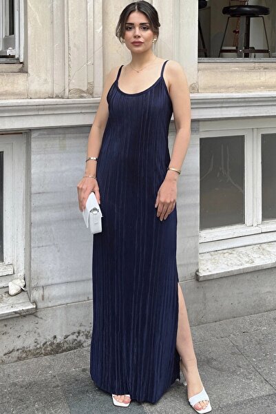 Juuuj Women's Navy Thin Strap, V-Neck, Slit Detailed, Long Pleated Dress