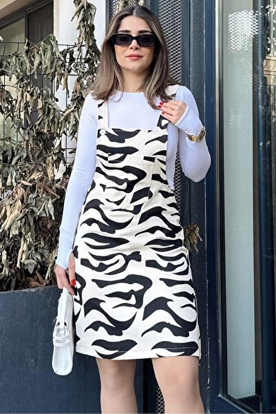 Genel Markalar Kadın Siyah Desenli, Geniş Cepli, Kalın Askılı, Gabardin Salop...