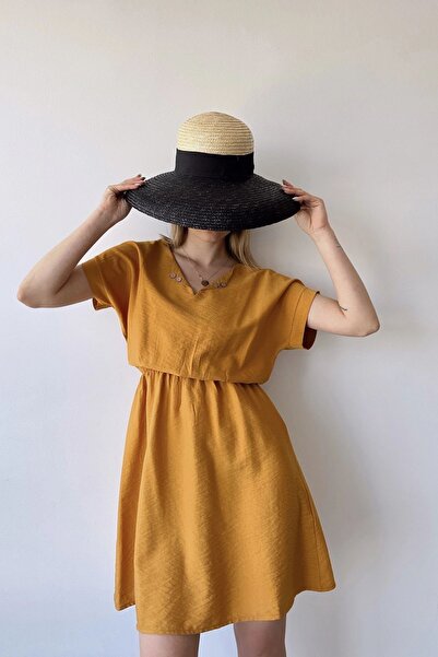 Juuuj Women's Mustard Short Sleeve, Heart Collar, Textured Pattern, Waist Fitting, Aerobin Elastic Waist Midi Dress