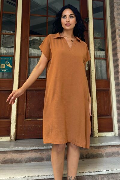 Genel Markalar Taba Desenli Polo Yaka Rahat Midi Airobin Elbise